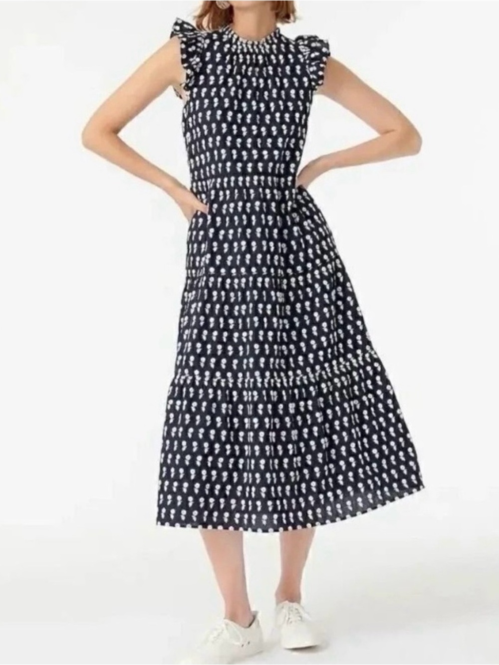 J. Crew Floral Tiered Cotton Voile Midi Dress Floating Sunflowers - Blue White